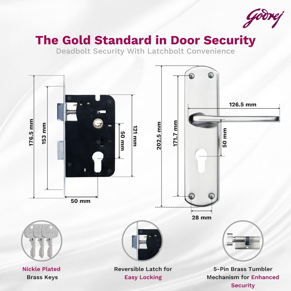 Godrej Mortise Lock I Handle Set 1CK EM02 I Satin Steel Finish I 6-Lever Lock I 3 Keys I Double Throw I Left or Right Handed Door Operation I Mortise Lock with Latch for Home | 5 Years Warranty
